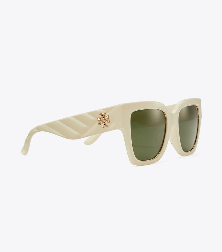 Tory Burch KIRA SQUARE SUNGLASSES - Ivory/Solid Green