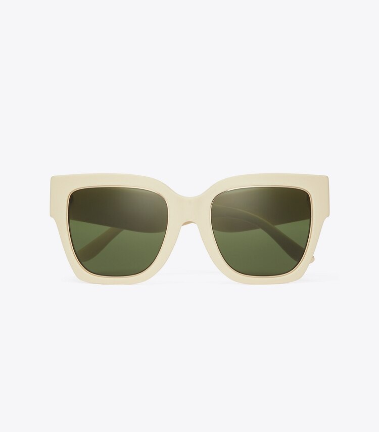 Tory Burch KIRA SQUARE SUNGLASSES - Ivory/Solid Green