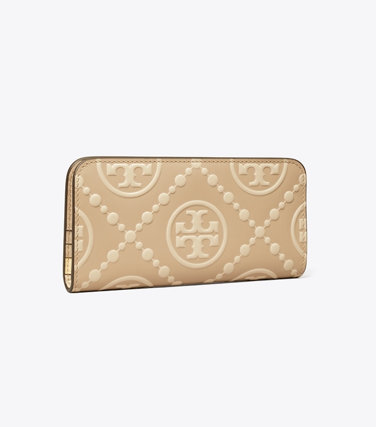 Tory Burch T MONOGRAM CONTRAST EMBOSSED ZIP SLIM WALLET - Longan / New Cream