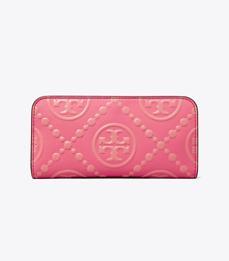 Tory Burch T MONOGRAM CONTRAST EMBOSSED ZIP SLIM WALLET - Pink Fluorite