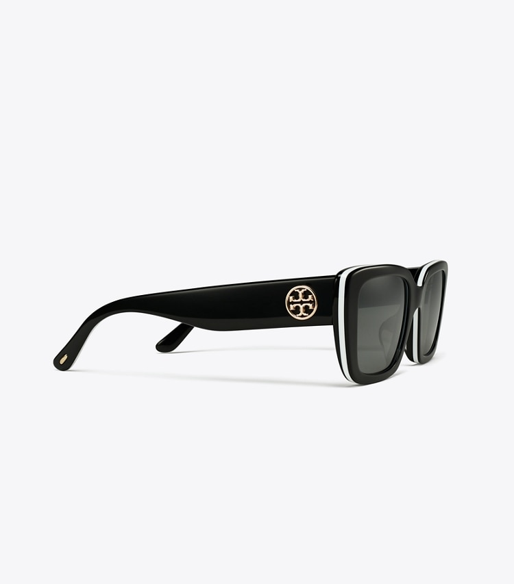 Tory Burch MILLER RECTANGULAR SUNGLASSES - Black White Trilayer/Grey Silver Mirror