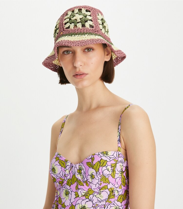 Tory Burch STRAW CROCHET SHORT-BRIM BUCKET HAT - Pink Bold Flower