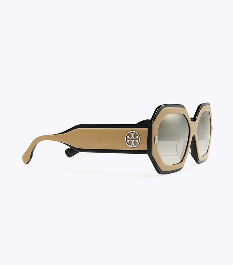 Tory Burch MILLER GEOMETRIC SUNGLASSES - Navy/Beige/Clear Grad Mirror Silver